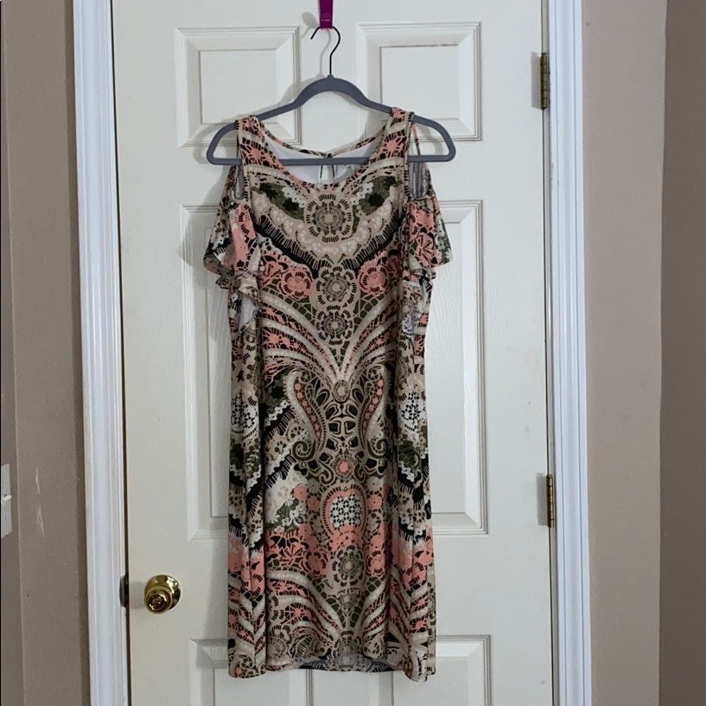 Nude, olive green, and pink dress